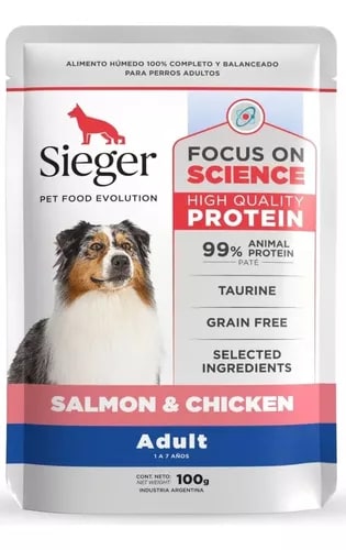 POUCH SIEGER PERROS ADULTO SALMON Y POLLO 100G