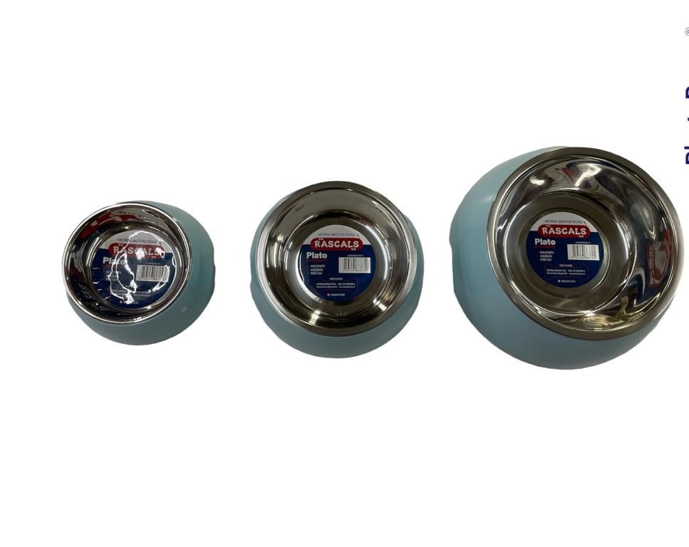 COMEDERO DE PLASTICO Y ACERO INOXIDABLE CELESTE S 14CM DE BASE