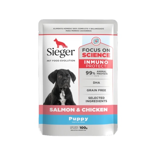 [BZN887] POUCH SIEGER PERROS CACHORRO SALMON Y POLLO 100G